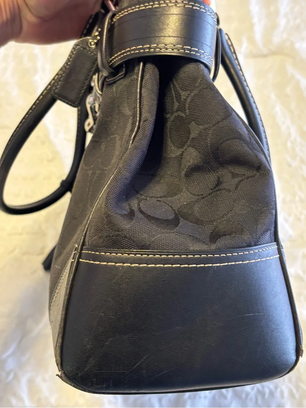 Vintage Coach Black Signature Leather/Canvas Satchel Bag with Silver Hardware